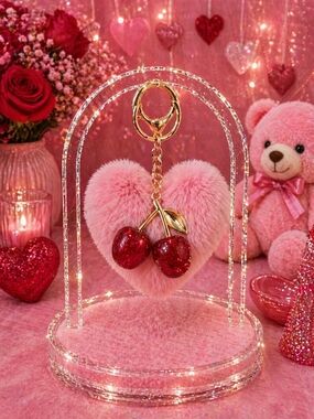 Pink Fuzzy Heart Keychain with Glitter Cherry Charm